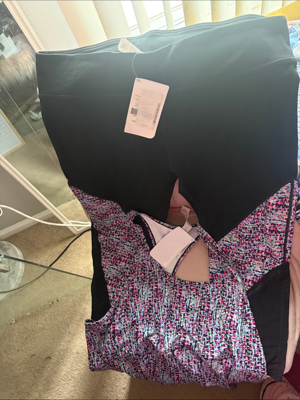 Fabletics Black Leggings with Pink/Blue Patterned Top